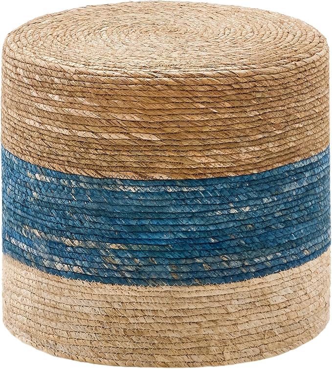 Wimarsbon 18'' Ottoman Pouf, Natural Braided Poof, Rustic Handweave Lounge Pouffe, Boho Footrest Stool for Bedroom, Accent Table for Living Room (18inch Natural Cattail + Blue Corn Husk)