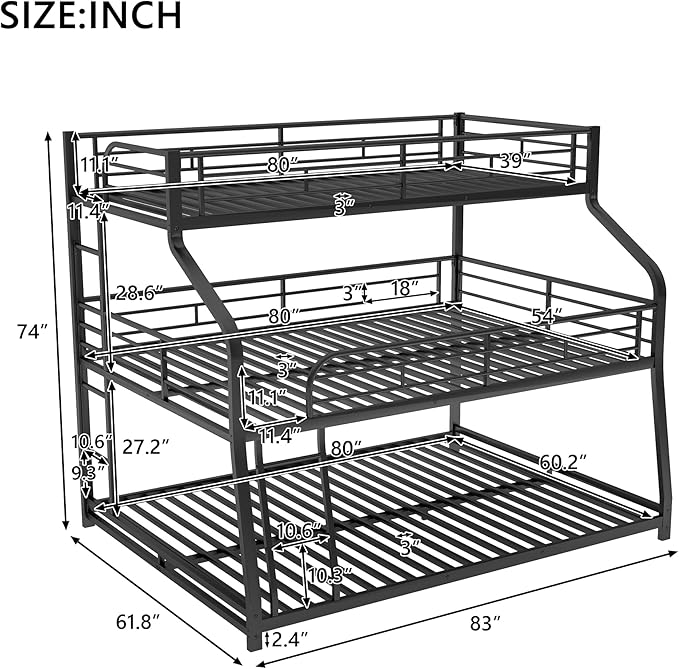 Twin XL/Full XL/Queen Triple Bunk Bed with Long and Short Ladder & Full-Length Guardrails,3 Bed Frame in 1 w/Stairs,Easy Assembly,for Adult Kid Boy Girl Teen,Black