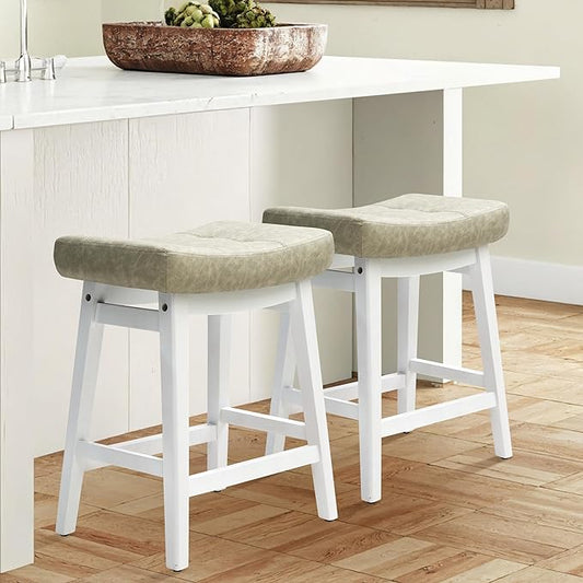 Counter Height Bar Stool Kitchen Counter Modern Backless Barstool with Upholstered Faux Leather Seat and Solid Wood Leg Farmhouse 24 inch Bar Chair, Light Grey + White, 1pc