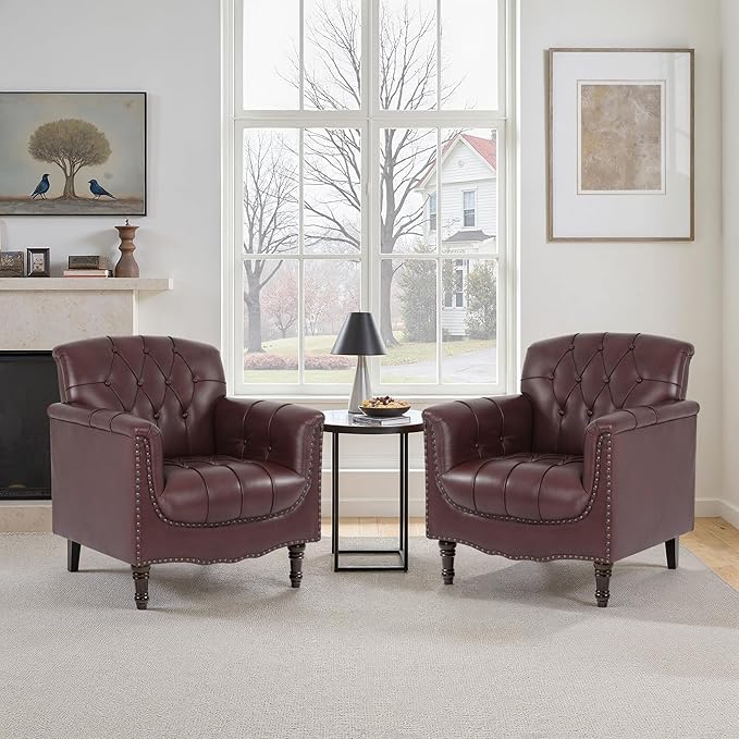 Faux Leather Accent Chair, PU Leather Modern Comfy Upholstered Armchair with Wood Legs & Nailhead Trim for Living Room, Bedroom