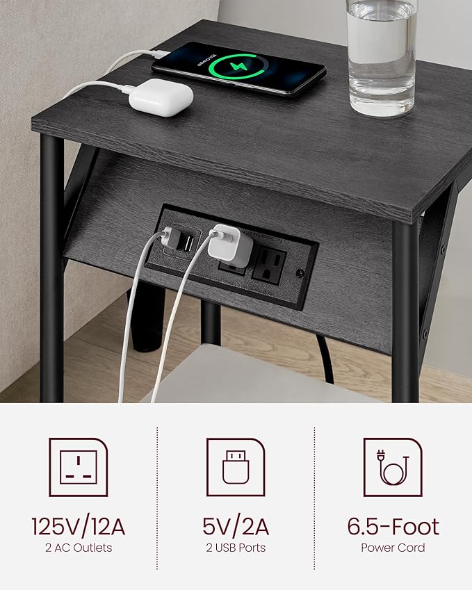 VASAGLE End Table with Charging Station, Set of 2, Small Side Tables for Living Room, Bedroom, Nightstand with Outlets and USB Ports, Bedside Table with Storage Shelf, Misty Gray and Black