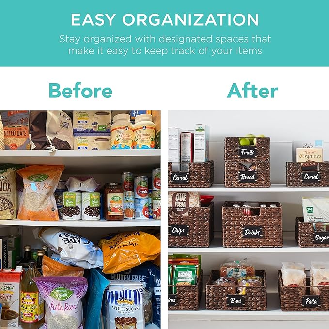 Best Choice Products Pantry Baskets Set of 2 16x12in Water Hyacinth Storage Baskets, Woven Wicker Kitchen Organizers with handles w/Chalkboard Label Chalk Marker - Brown