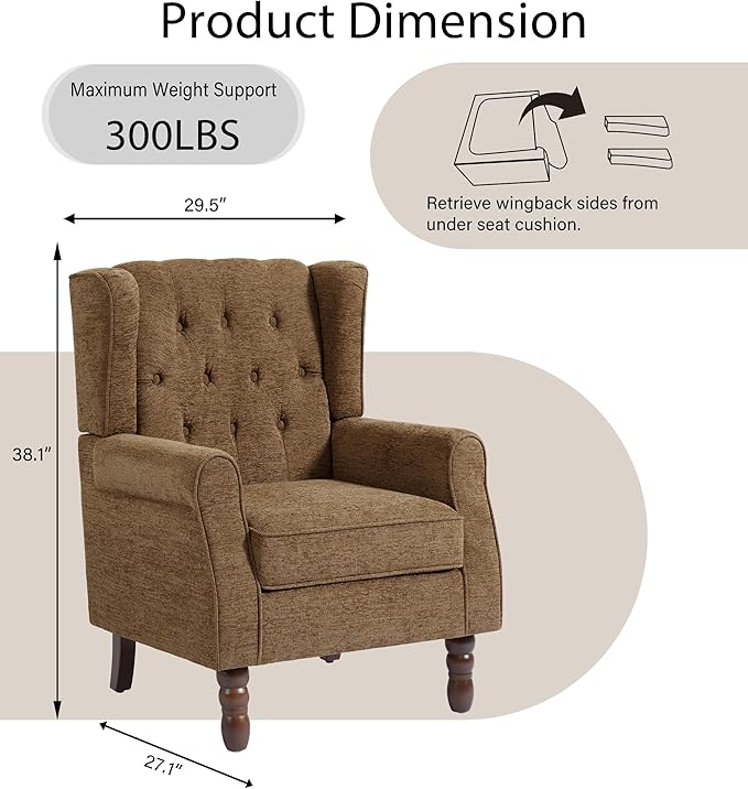 Lumibee High Back Accent Chair,Upholstered Wingback Armchair with Solid Wood Legs for Small Spaces,Comfy Single Sofa Chair for Living Room,Bedroom,Office-Gray