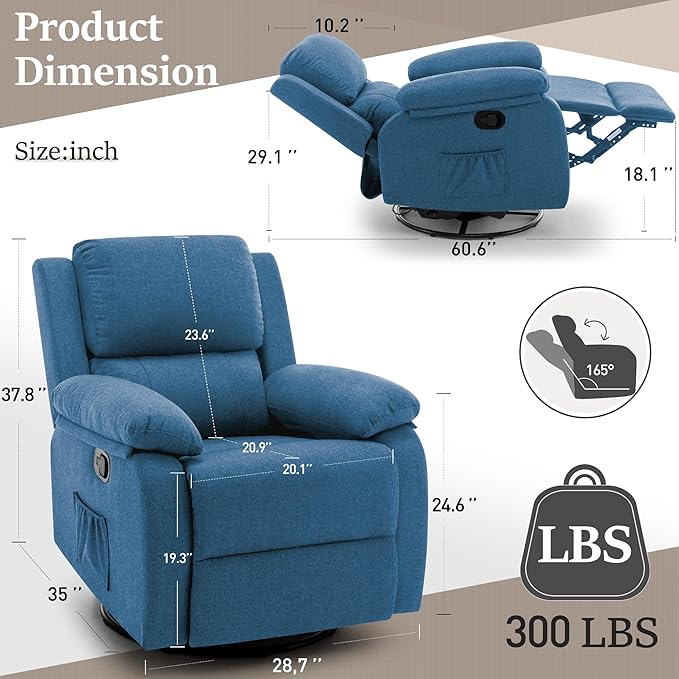 Recliner Chair, 360 Swivel Rocker Chair for Adults, Small Rocking Recliner Chair for Small Spaces, Upholstered Fabric Glider Recliner Nursery Chair with Side Pockets for Living Room, Nursery
