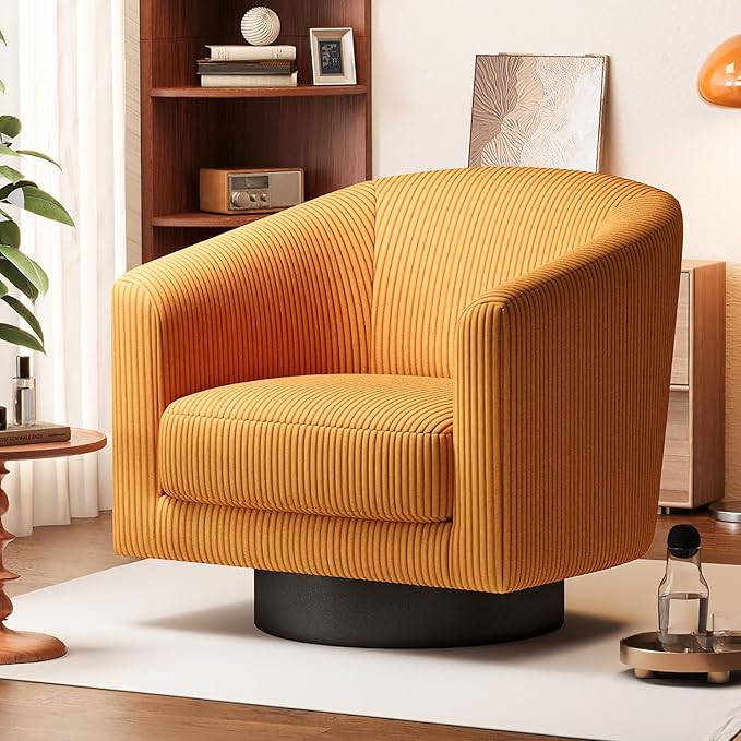 360Β° Swivel Accent Chairs, Modern Bucket Chair, Corduroy Barrel Armchair, Comfy Boucle Chair, Single Sofa for Living Room Bedroom. Orange