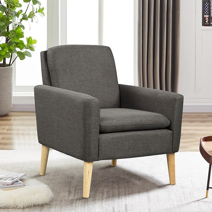Lohoms Modern Accent Chair for Living Room, Comfy Upholstered Linen Fabric Single Sofa Chair for Bedroom, Guest Room, Office, Waiting Area, Black Armchair with Wood Legs