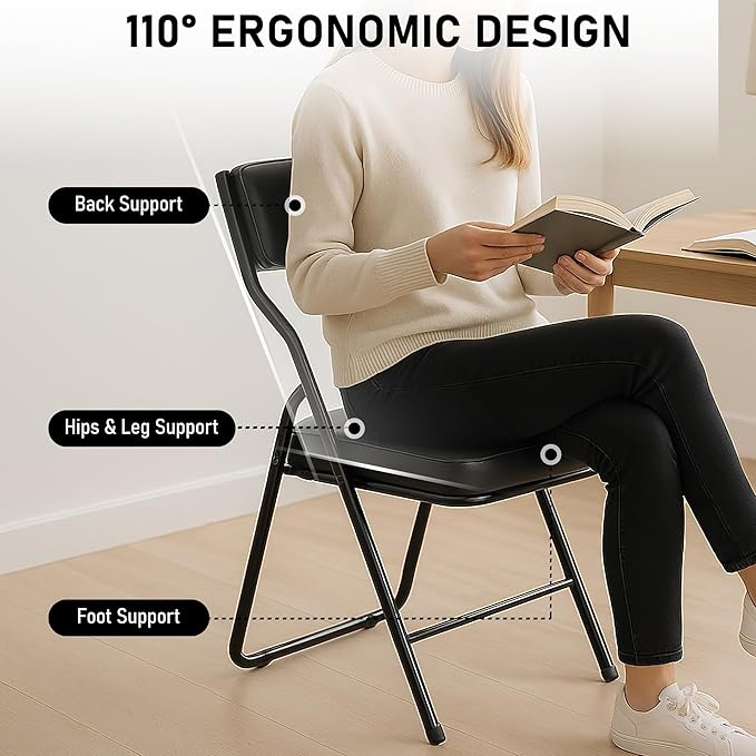 4 Pack Padded Folding Chairs with Cushion, Foldable Dining Chair Set Portable Indoor Outdoor Stackable Folding Chairs with Steel Frame for Home Office Events Wedding Party Black