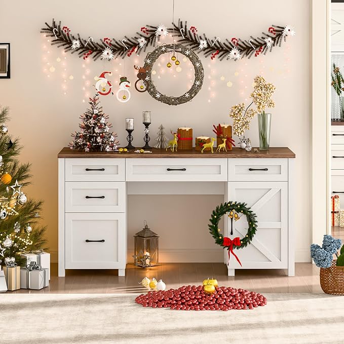 Farmhouse 61'' Executive Desk with 5 Drawers, Rustic Office Desk Computer Desk with Charging Station, File Drawers and Storage Cabinet, Wood Workstation for Home Office and Study, Unique White