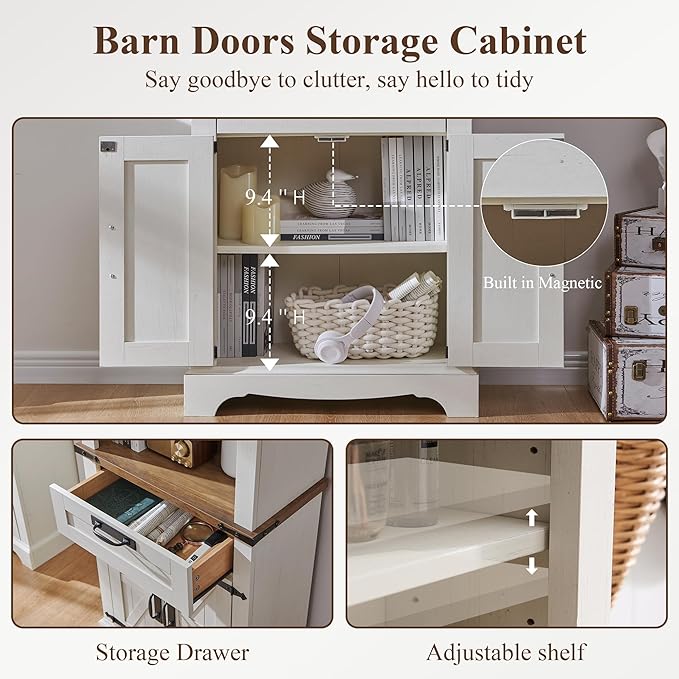 RedLemon Bookshelf with Storage Cabinet, 72" Tall Farmhouse Bookcase with Adjustable Shelves and Barn Door, 4 Tier Office Wood Bookshelf with Drawer for Office Library Living Room (Antuique White)