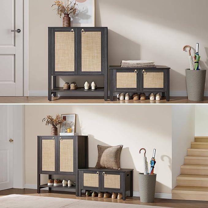 SICOTAS Rattan Shoe Storage Cabinet - 5 Tier Farmhouse Boho Shoe Storage Organizer Cabinet with Doors and Shelves, Tall Shoe Rack for Entryway, Hallway, Living Room, Closet (Obsidian)