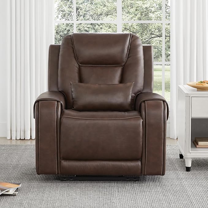 CHITA Electric Power Lift Recliner Chair for Elderly with Massage and Heat, Large Lay Flat Genuine Leather Recliner Chair with Cup Holders, USB Ports, Power Headrest, Independent Backrest, Dark Brown