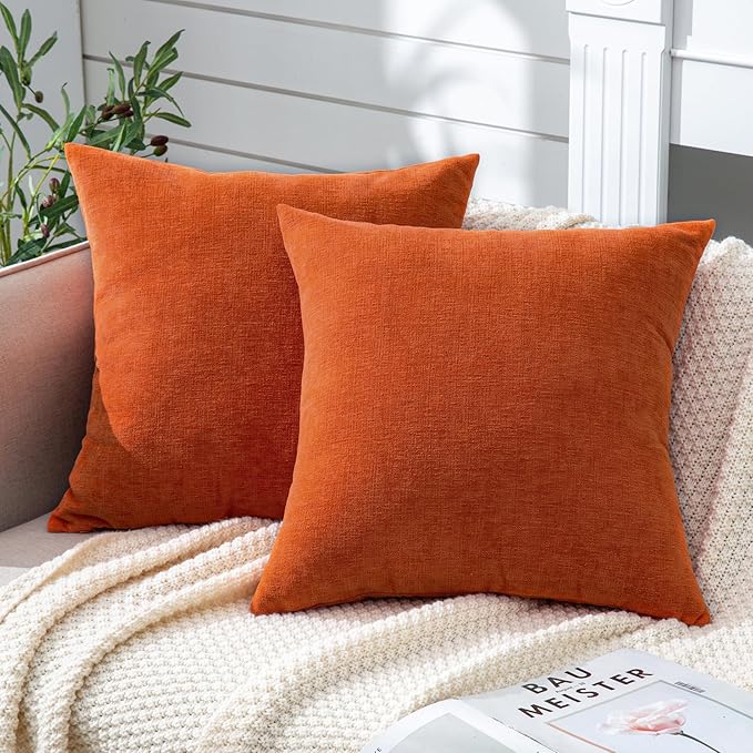 GAWAMAY Decorative Chenille Throw Pillow Covers 26x26 Inch Pack of 2, Soft Square Couch Pillow Cover for Sofa Cushion Living Room Bedroom Solid Dyed Oversized Pillowcases Orange 66x66cm (ONLY Covers)