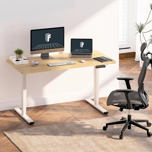 FLEXISPOT E6 3 Stages Dual Motor Electric Standing Desk 48x24 Inch Whole-Piece Board Height Adjustable Desk Electric Sit Stand Desk(White Frame + Maple Desktop, 2 Packages)