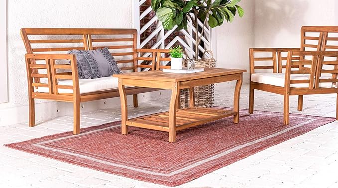 Unique Loom Outdoor Border Collection Area Rug - Soft Border (7' 10" x 11' 4" Rectangle, Rust Red/ Ivory)