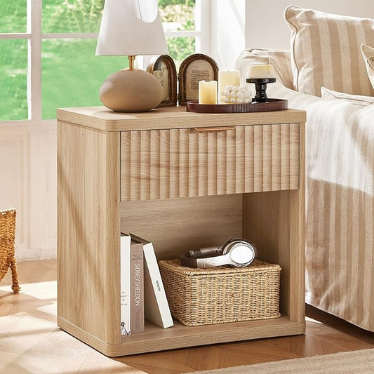LEYAOYAO Fluted Farmhouse Nightstand Set of 2 with Charging Station, 23" Wide 1 Drawers End Table,Natural Dresser for Bedroom,Bed Side Table Chest of Drawers Cabinet,Wood Night Stand for Living Room
