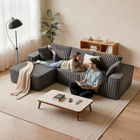 Apicizon 113" Modular Sectional Couch for Living Room, L Shaped Sectional Sofa Couch with Deep Seat, 3 Seat Boneless Sofa with Chaise Longue for Apartment,No Assembly Required (Plush Corduroy Gray)