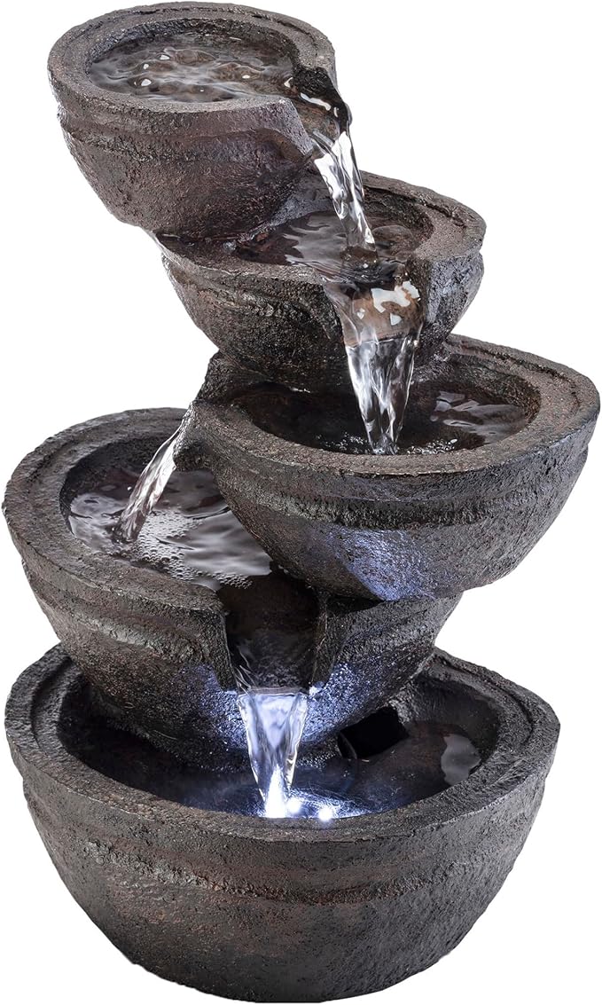 Alpine Corporation WIN1138 13" Indoor Tabletop Tiering Bowls Water Fountain with LED Lights – Cascading Water Feature for Home, Office, Meditation, and Relaxation, Dark Gray