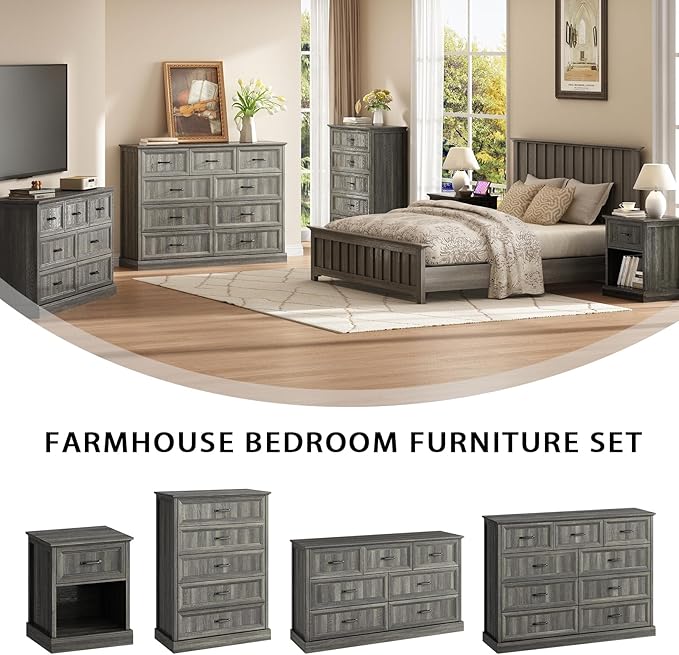CARPETNAL Farmhouse 9 Drawer Dresser for Bedroom, 55 Inch Wide Modern Grey Dresser TV Stand with Large Drawers & Bar Handles, Rustic Wood Chest of Drawers for Bedroom, Living Room, Hallway, Entryway.