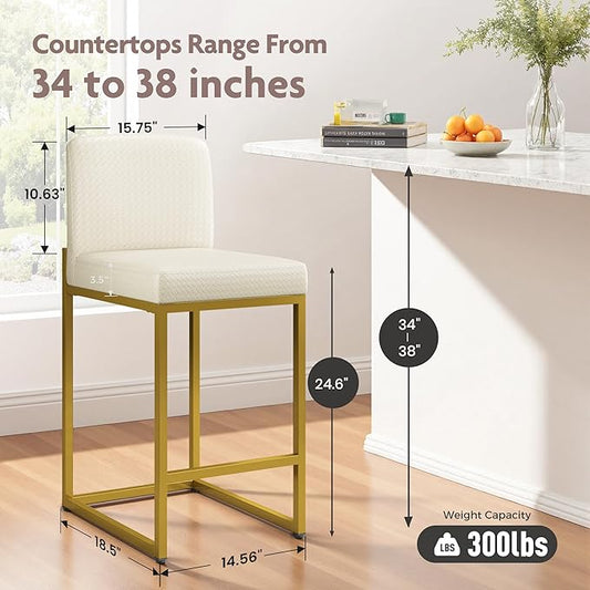 ALPHA HOME 24 Inch Bar Stools Set of 3, Kitchen Counter Stools with Backs, PU Leather Barstools, White Bar Stools with Upholstered Footrest, Sturdy Chromed Metal Steel Frame, Off-White