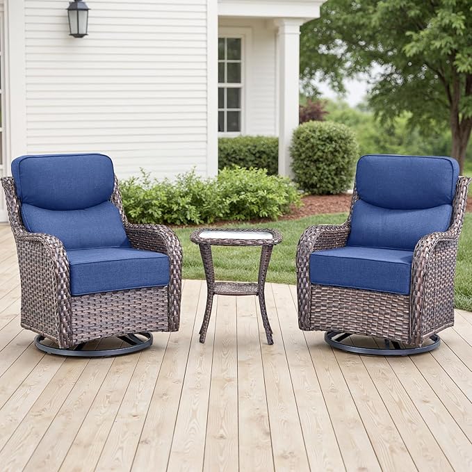 Rilyson Outdoor Patio Swivel Rocker Chairs Set of 2, Waterproof Wicker, High Back, Deep Seating, Wide Armrest, Upgraded 6 inch Thick Cushions, Side Table, Ideal for Deck Porch Yard, Brown/Blue