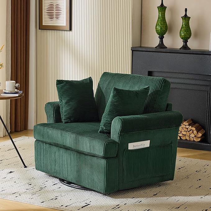 Karl home Swivel Accent Chair Set of 2, 39" Oversized Armchair W/2 Pillows and 4 Pockets,Modern Corduroy Barrel Chairs,Comfy Single Sofa for Living Room,Reading,Bedroom and Office-Dark Green