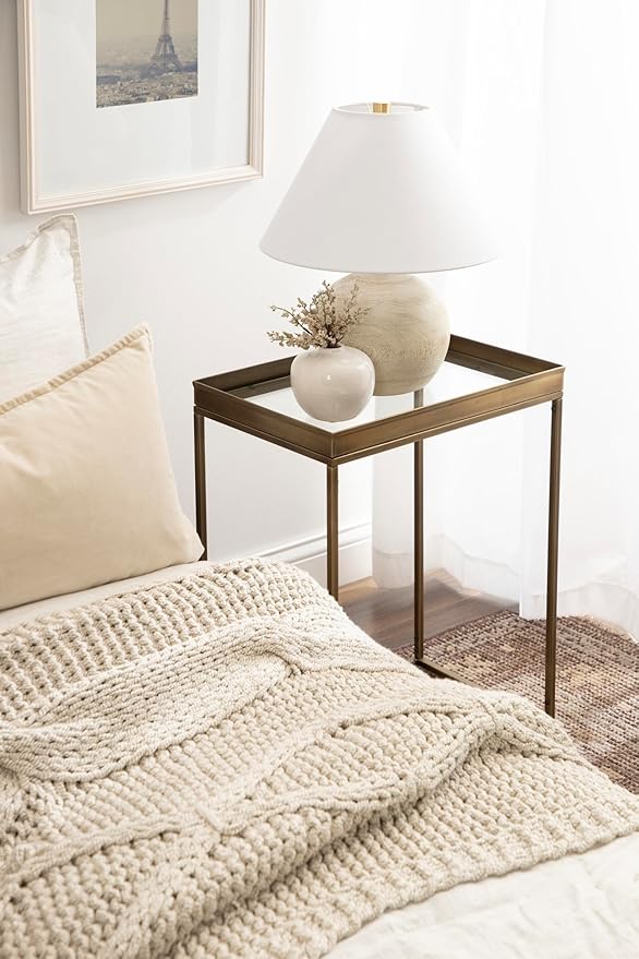 Kate and Laurel Lonsdale Transitional Glass Narrow End Table; 18 x 12 x 24; Clear Glass and Antique Brass; Decorative Contemporary Metal Side Table for Bedroom Nightstand or Living Room Accent
