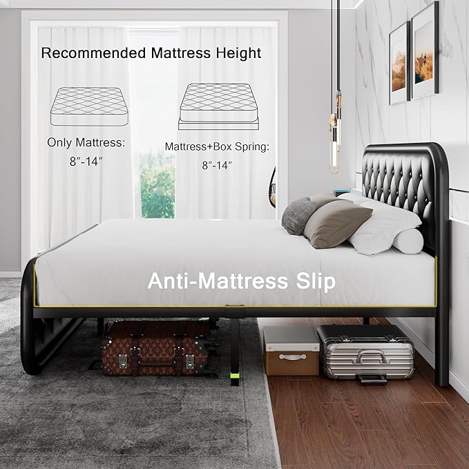 Einhomn® Queen Size Metal Bed Frame with Button Tufted Leather Upholstered Headboard and Footboard, U-Shape Support Foundation, No Box Spring Required, Black