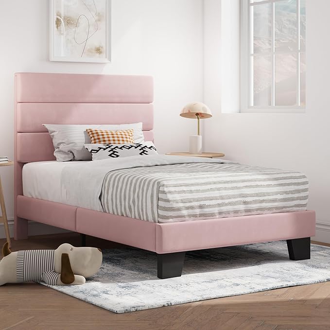 SHA CERLIN Twin Platform Bed Frame with Velvet Upholstered Headboard, Mattress Foundation with Strong Wooden Slats Support, No Box Spring Needed, Pink