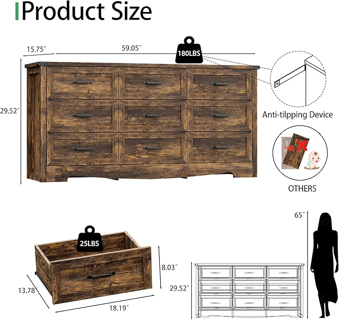 Dresser for Bedroom with 9 Drawers, 59" Wide Wood Chest of Drawers with Deep Drawers & Mental Handle, Modern Dresser TV Stand, Wooden Closet Storage Organizer for Living Room, Hallway, Entryway, Brown