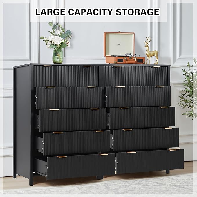 5 Drawer Double Dresser for Bedroom, Modern Wide Chest of Drawers with Fluted Panel Design,Wood Storage Dressers Chest of Drawers for Bedroom Living Room Hallway Closet,Black,2 Sets