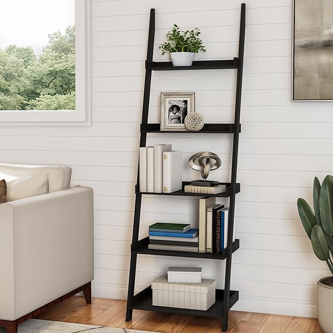 Lavish Home Bookshelf - 5-Tier Ladder Shelf with Leaning Look - Bookcase for Home Decor and Office Storage - Freestanding Book Shelves (Black)
