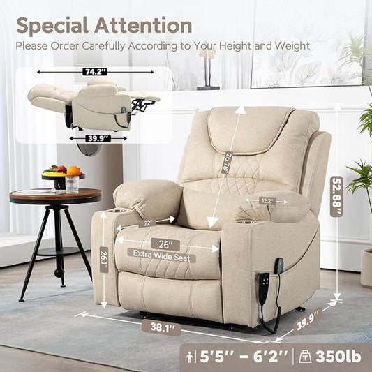 25''Oversized Recliner Chair/Lift Chair, Power Lift Recliner Chair for Elderly, Electric Recliner Chairs for Adults with Massage and Heat, Double Motor Lay Flat Recliner with Cup Holder, Side Pocket