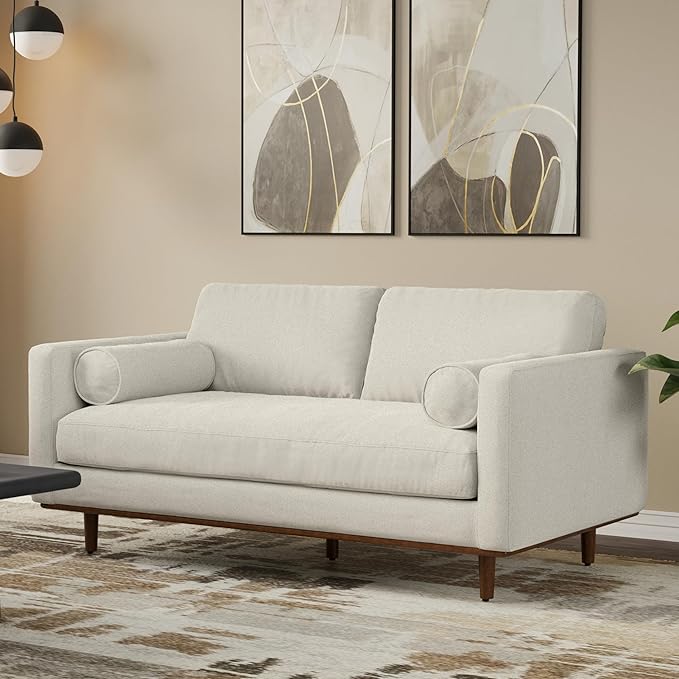SIMPLIHOME Morrison 72-inch Wide Sofa in Cream White Woven-Blend Fabric, Handcrafted Mid-Century Modern Loveseat for Living Room or Family Room, Single Bench Cushion, Bolster Pillows