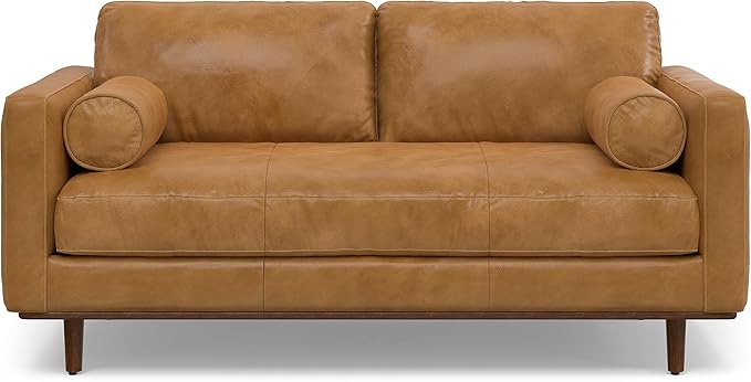 SIMPLIHOME Morrison Mid-Century Modern 72 inch Wide Sofa with Ottoman Set in Sienna Genuine Leather for the Living Room and Family Room
