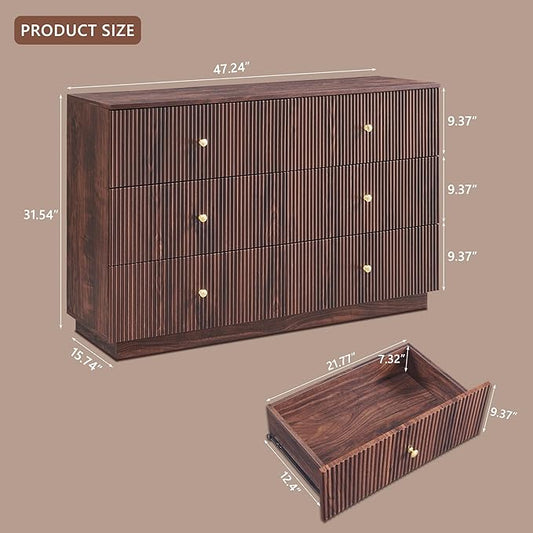 Fluted Dresser for Bedroom, 47" 6 Drawer Dressers, Wood Tall Dresser Storage Organizer, Modern Chest of Drawers with Deep Storage for Closet Hallway, Entryway, Living Room, Brown