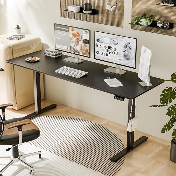 ERGOMAKER Electric Standing Desk, 67" x 23.6" Height Adjustable Sit Stand Desk with Splice Board for Home Office, Computer Table Memory Preset (Black Frame, Black Desktop)