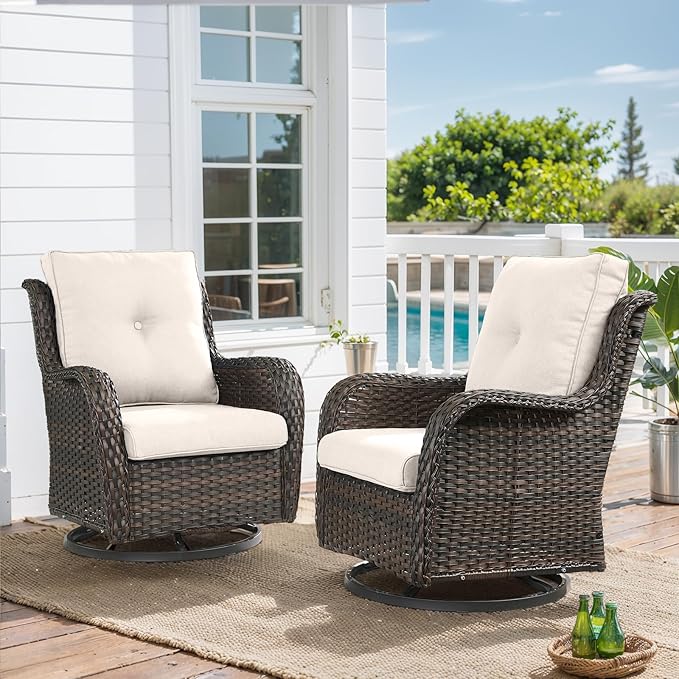 HUMMUH Outdoor Swivel Rocker Wicker Patio Chairs Set of 2, Rattan Rocking Chair Furniture Set (Brown/Beige)