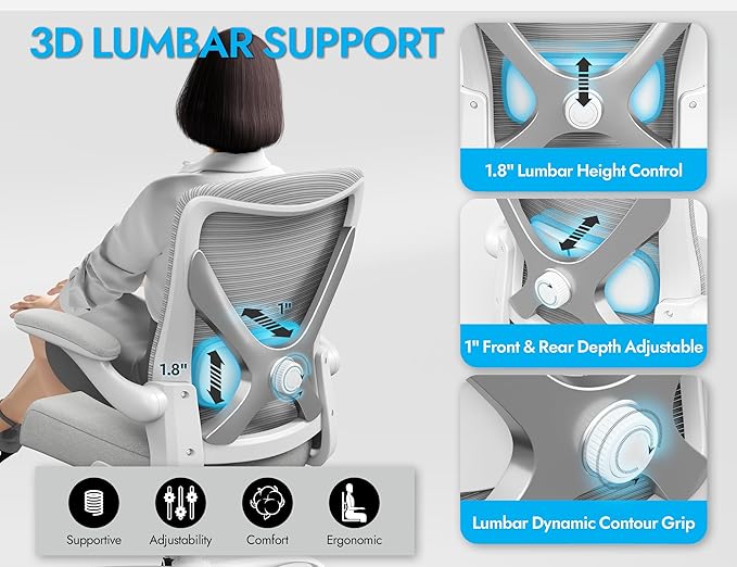 Office Chair Ergonomic Desk Chair Comfy: 330LBS Mesh Computer Chair Ergonomic Gaming Chairs with Wheels Adjustable Lumbar Support and Flip up Armrest-Swivel Executive Chairs Long Hours (Silver)