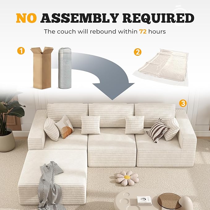 113" Modular Sectional Sofa, Convertible L-Shaped Cloud Couches for Living Room with Ottoman, 4 Seater Corduroy Boneless Couch Sofa Set, No Assembly Required, Beige 1 PCS