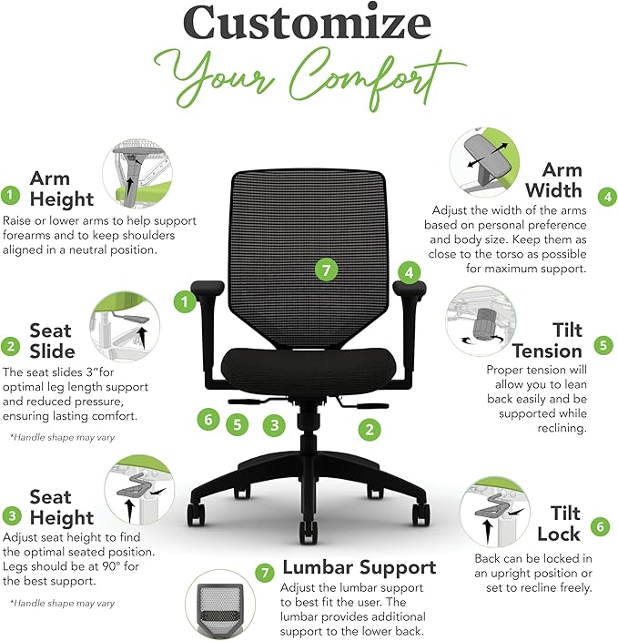 HON Solve Task Chair, Ergonomic Office Chair Mesh Back Support, Adjustable Lumbar Support, with Wheels, Height-Adjustable Arms, for Computers, Desks, Home Office, Blue