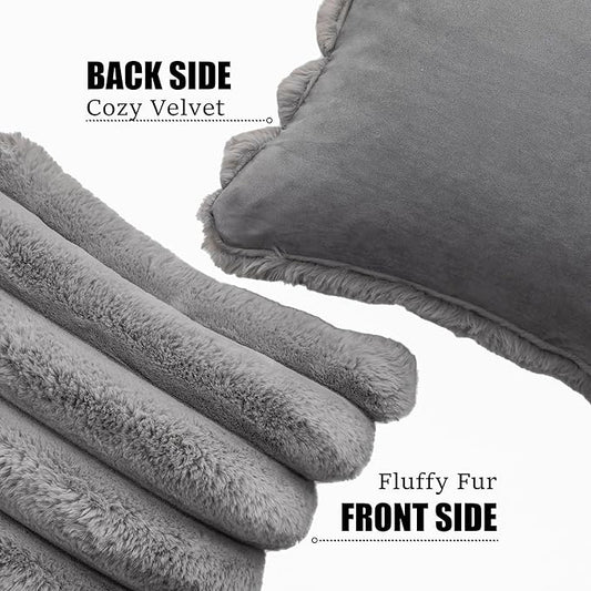 Neelvin Grey Faux Fur Cozy Soft Striped Decorative Throw Pillow Covers 18x18 inch Set of 2,Velvet Pillowcase Cushion Case for Sofa Couch