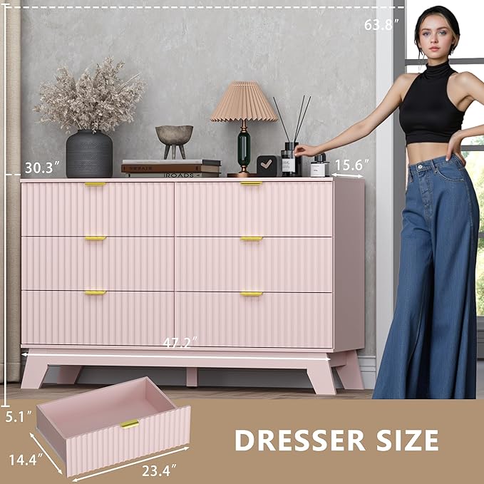 Fluted 6 Drawer Dresser, 47.2" Wide Modern Boho Chest of Drawers, Wooden Storage Dresser TV Stand for Bedroom, Living Room, Closet, Hallway, Curved Profile Design
