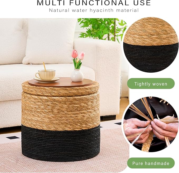 Wimarsbon 18'' Ottoman Pouf, Natural Braided Poof, Rustic Handweave Lounge Pouffe, Boho Footrest Stool for Bedroom, Accent Table for Living Room (Storage - 18inch Cattail+Black Corn Husk L)