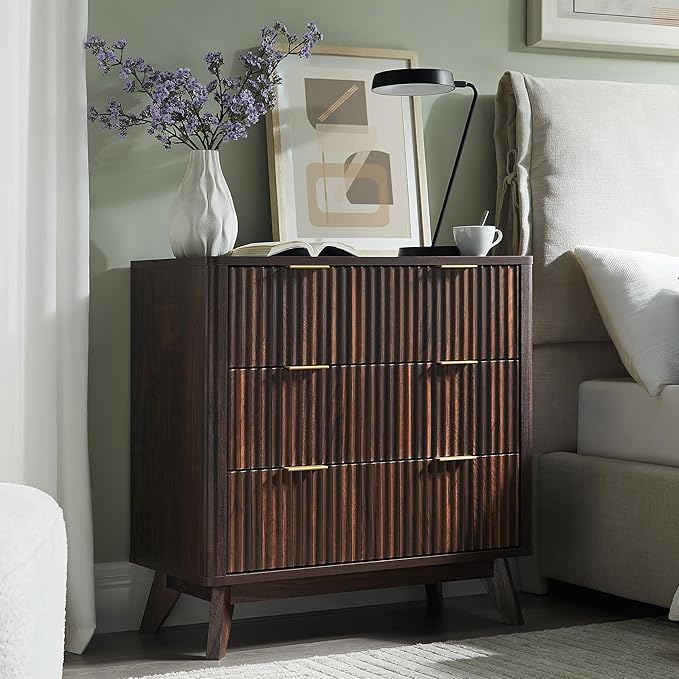 T4TREAM Fluted 3 Drawer Dresser, 32" Tall Modern Chest of Drawers, Curved Profile Design, Wood Drawer Organizer for Bedroom, Living Room, Hallway, Entryway, Dark Walnut