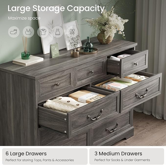 DICTAC Farmhouse 9 Drawers Dresser for Bedroom, Wide Dressers Chest of Drawers, Large Storage Closet Organizer with Natural Texture and Vintage Metal Handle, Wooden Dresser TV Stand for Living Room