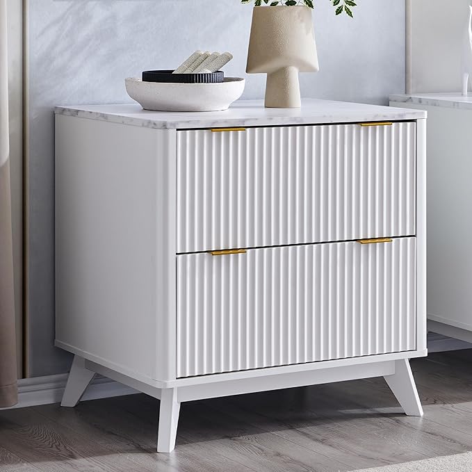 T4TREAM 2 Drawer File Cabinet, 30" Fluted Lateral File Cabinet w/Files Hanging Rod for Letter/Legal/A4, Large Tabletop for Printer, Office Wood Printer Cabinets, White