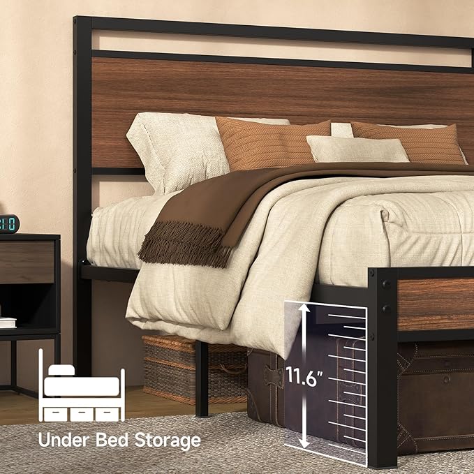 Z-hom Queen Bed Frame with Modern Wood Headboard & Footboard, Upgraded Heavy Duty Metal Sturdy Bed Frame Queen Size, Stable Platform Bed Furniture Bed Storage, No Noise, No Box Springs,Walnut