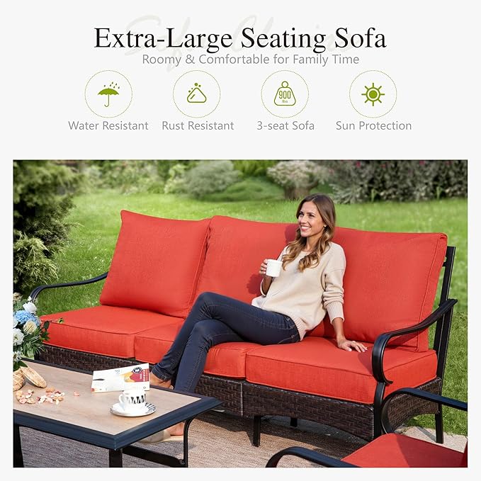 Sophia & William Patio Furniture Set with Fire Pit Table, 4 PCS Metal Outdoor Conversation Set with Fire Pit Table, 2 Swivel Chairs,3-Seater Couch for Outdoor Seating, Backyard, Porch(Red)
