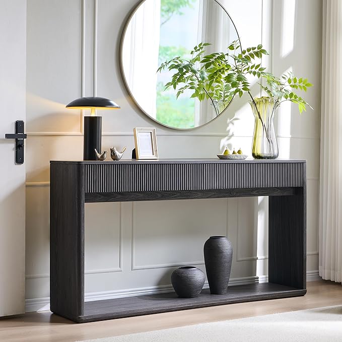 OKD 63" Fluted Console Table for Entryway, Modern Entryway Table with 2 Large Drawers, Long Sofa Table Behind Couch for Living Room, Hallway, Couch, Foyer,Dark Alder