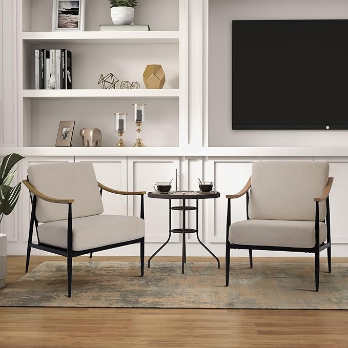 Modern Accent Chairs Set of 2 for Living Room Bedroom Mid Century Arm Chairs Upholstered Office Accent Chairs Comfy Waiting Room Chairs with Metal Frame, Beige